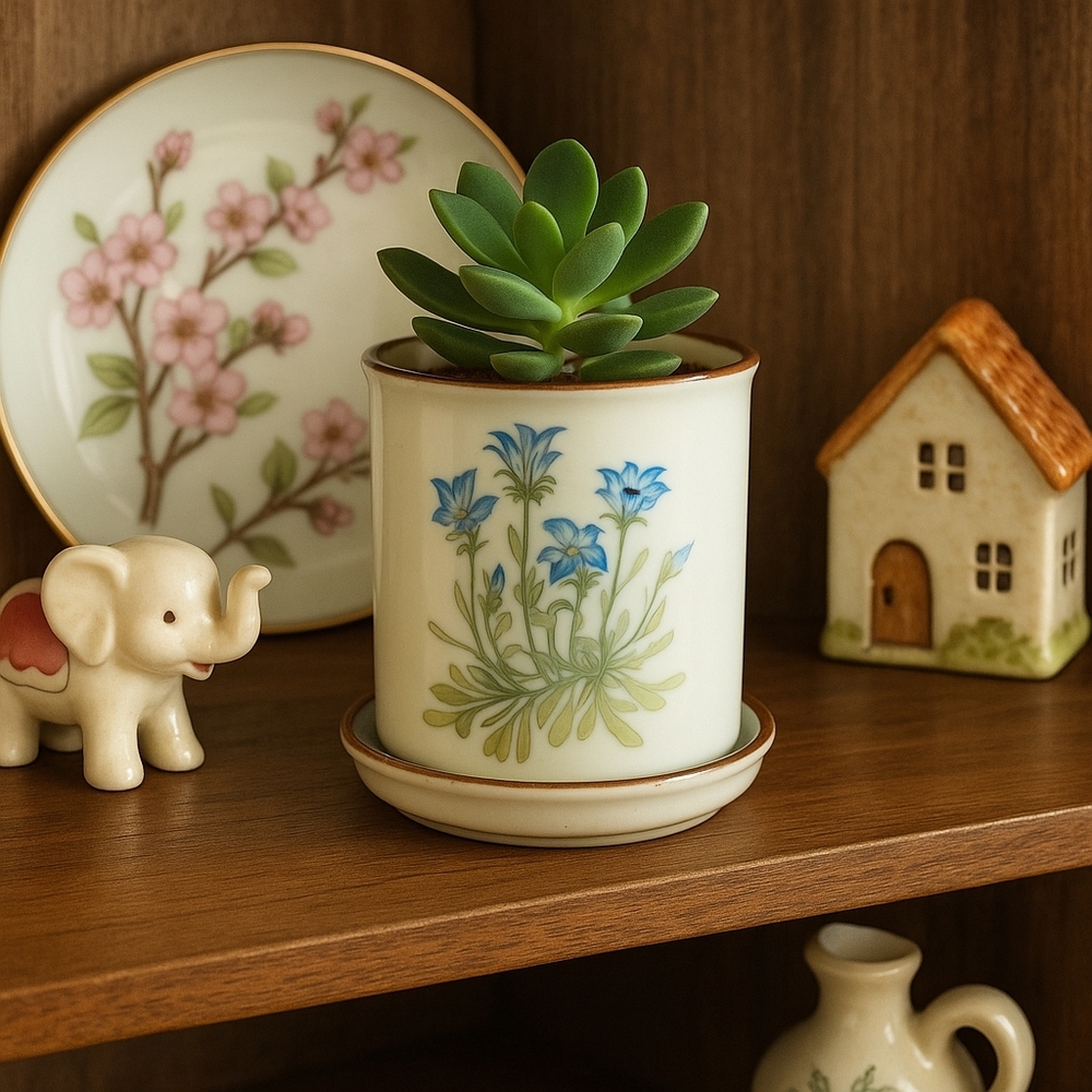 VTG Counterpoint Japan Blue Floral Planter with Saucer | 3.5” Made In Japan